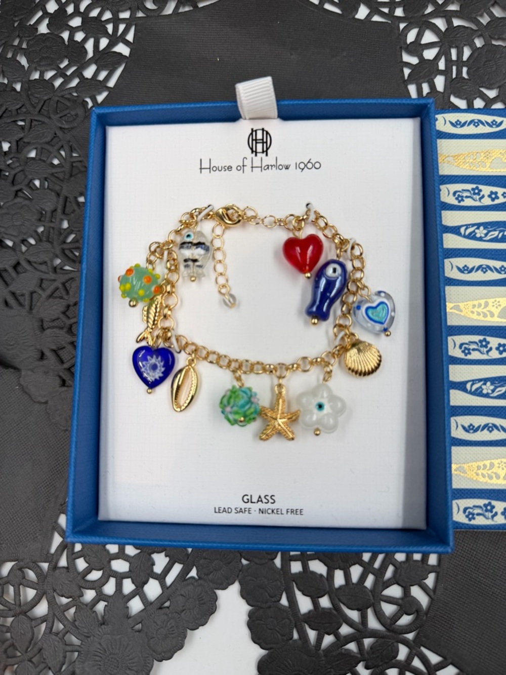 House of Harlow 1960 Gold Chain Bracelet with Multicolor Glass Charms